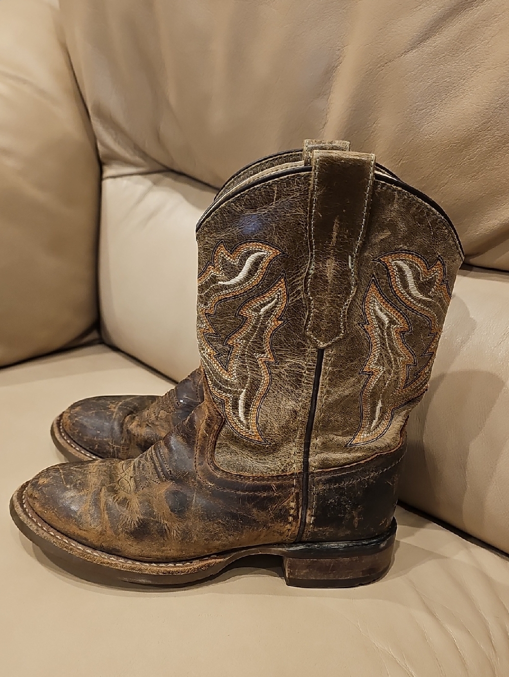 Old West Brown Leather Kids Cowboy Boots with Tan Stitching